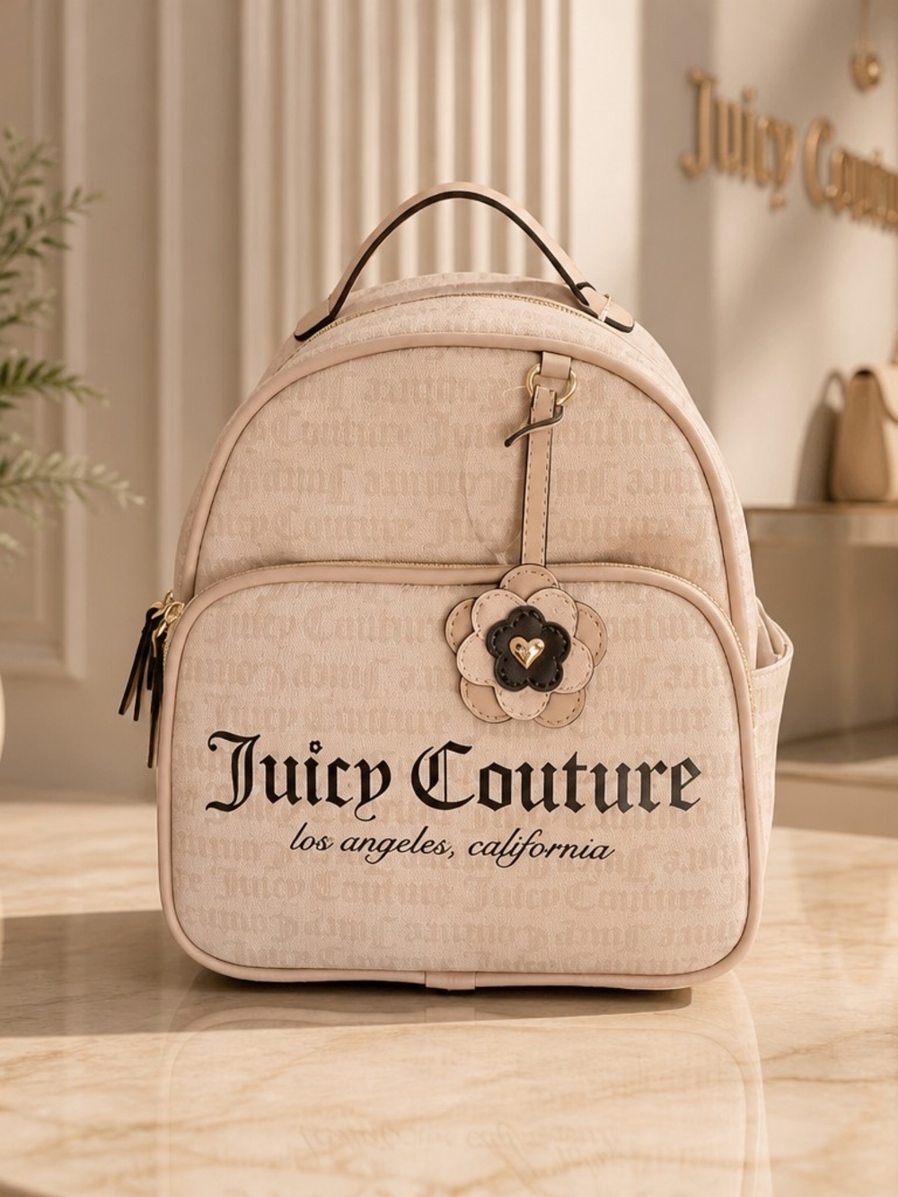 Juicy Couture Cream Beige Logo Backpack Flower Charm